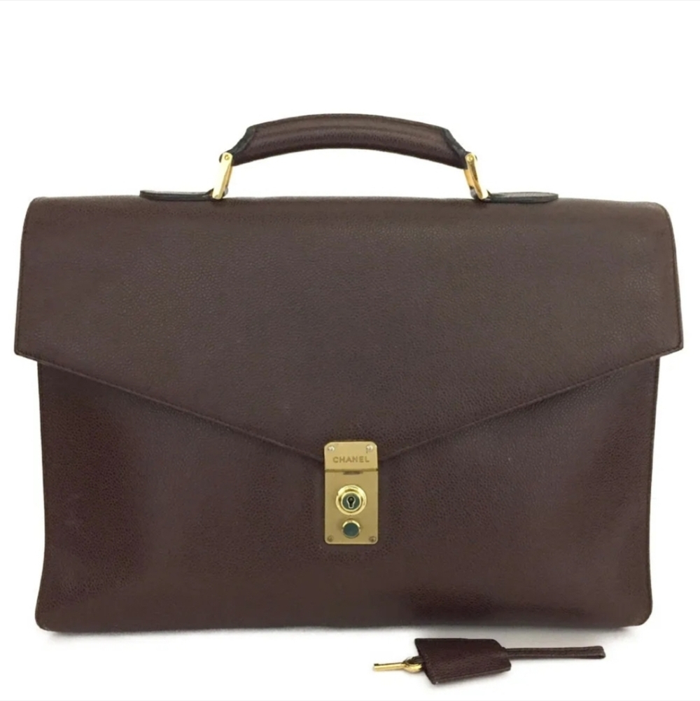 CHANEL 1990 Brown Caviar Leather/ Gold Hardware Briefcase